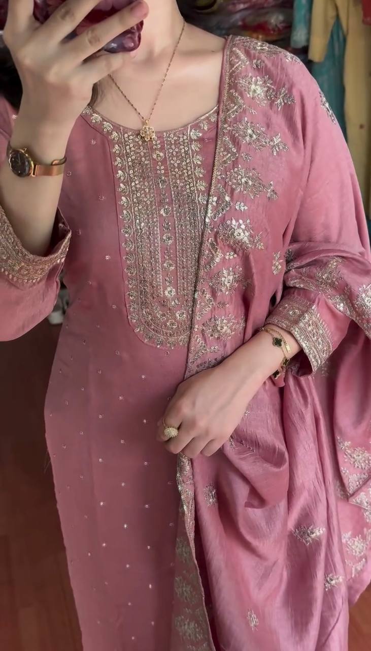 PRETTY PINK CHINON SILK HEAVY EMBROIDERY SEQUENCE SALWAR SUIT