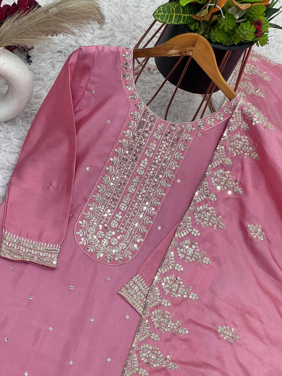 PRETTY PINK CHINON SILK HEAVY EMBROIDERY SEQUENCE SALWAR SUIT