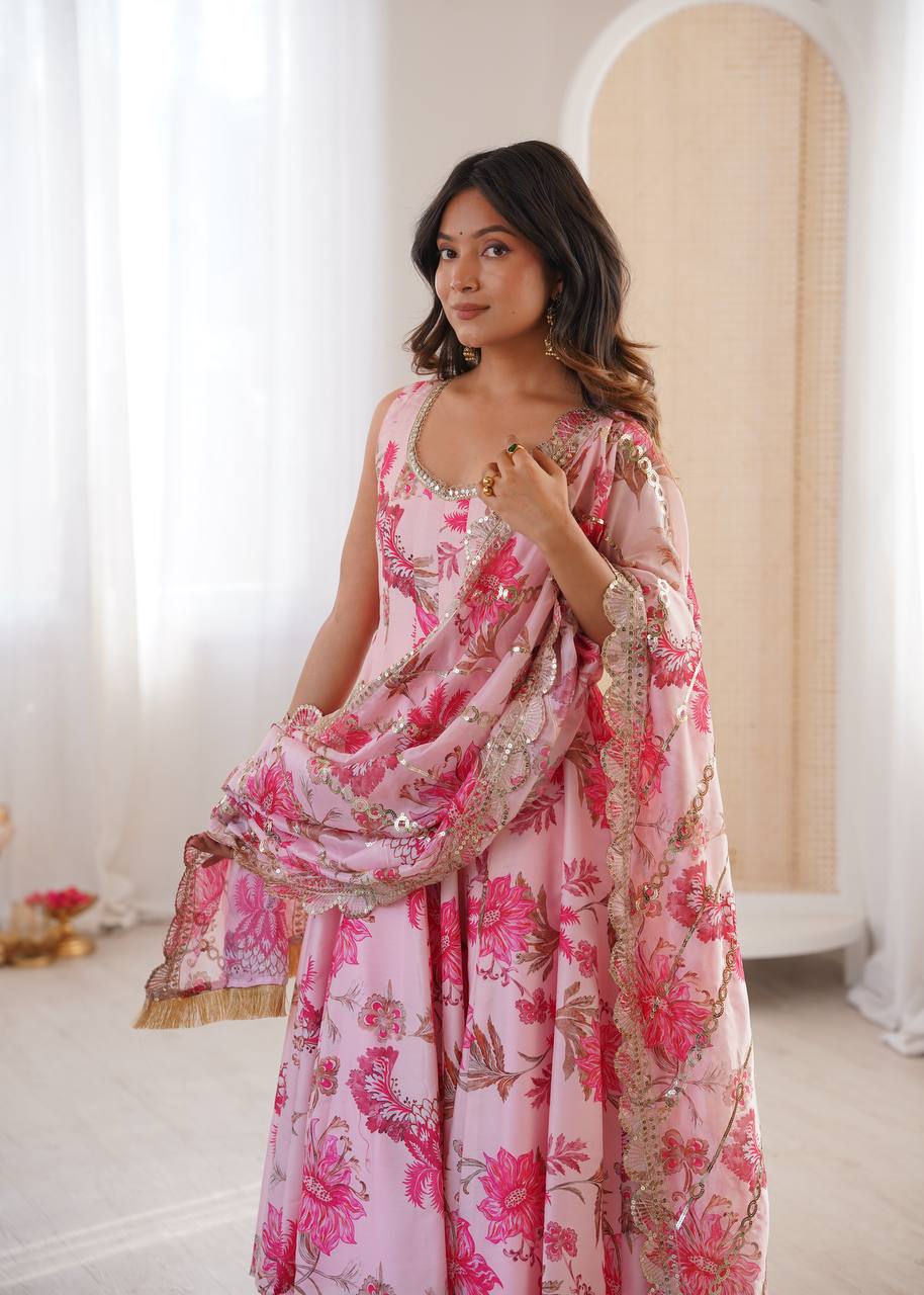 BABY PINK FLORAL PRINTED SLEEVELESS ANARKALI SUIT SET