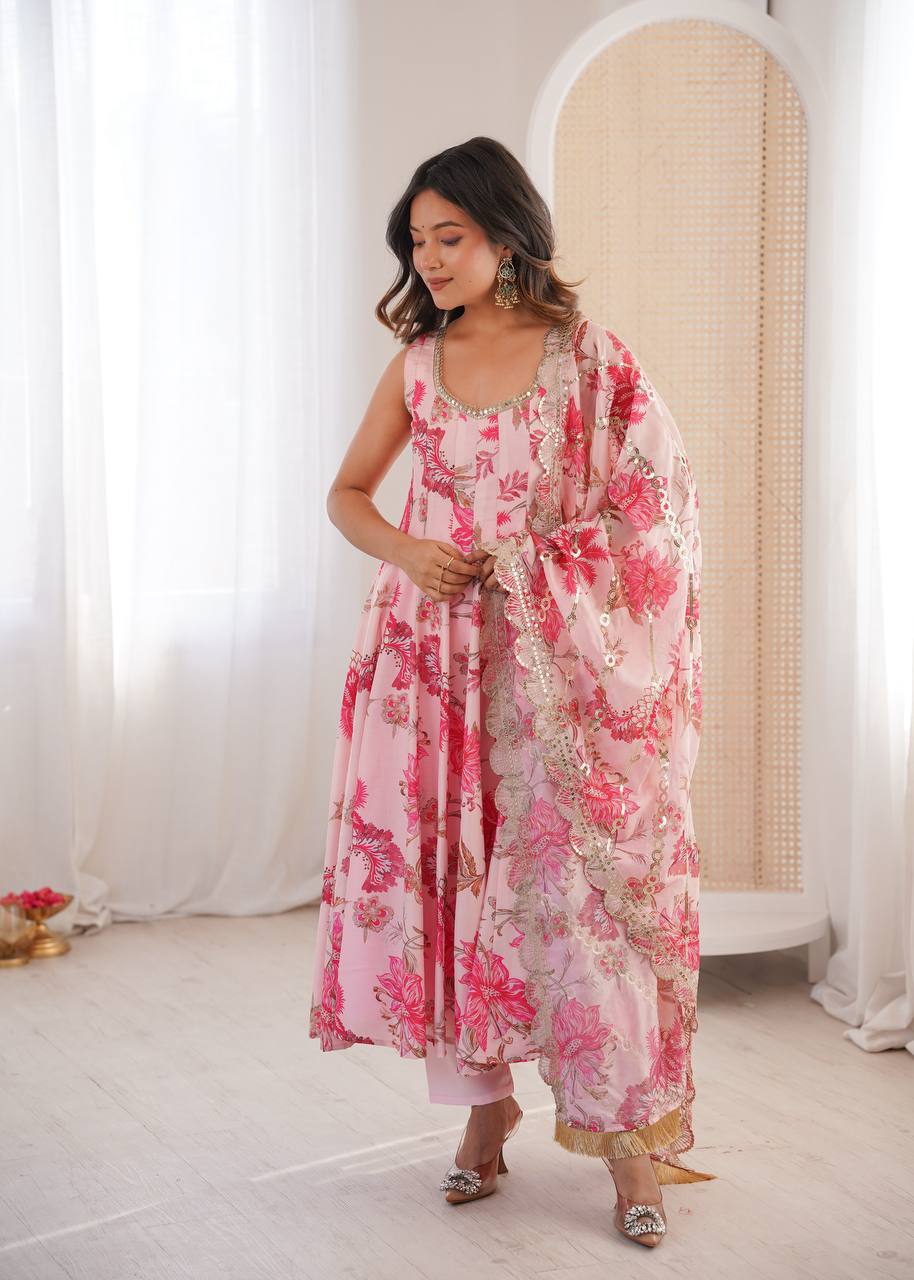 BABY PINK FLORAL PRINTED SLEEVELESS ANARKALI SUIT SET