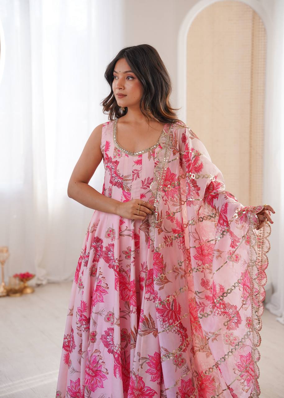 BABY PINK FLORAL PRINTED SLEEVELESS ANARKALI SUIT SET