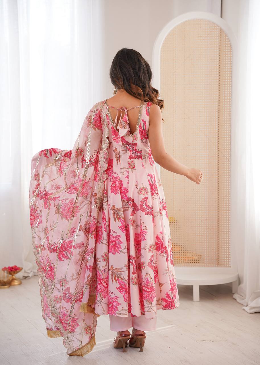 BABY PINK FLORAL PRINTED SLEEVELESS ANARKALI SUIT SET