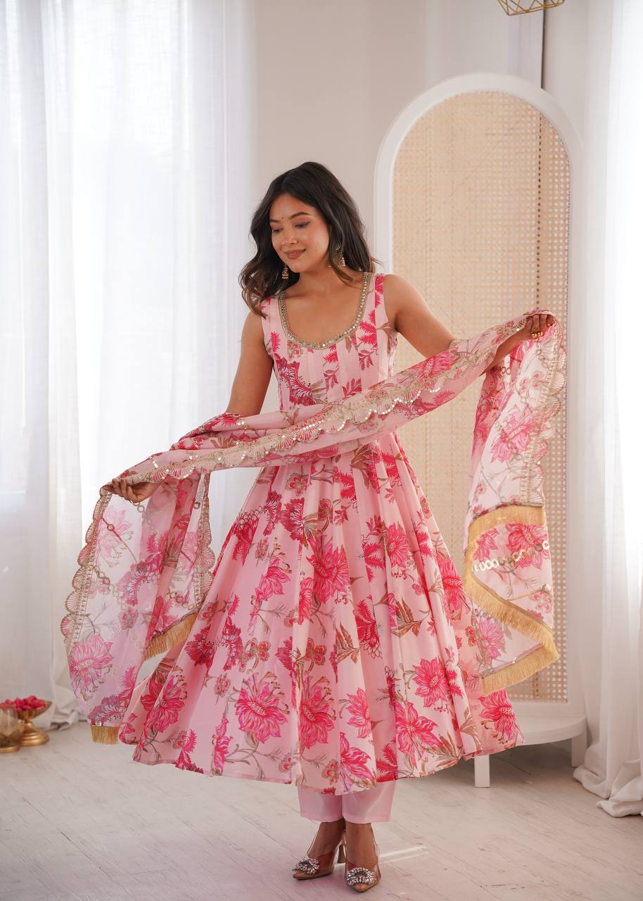 BABY PINK FLORAL PRINTED SLEEVELESS ANARKALI SUIT SET