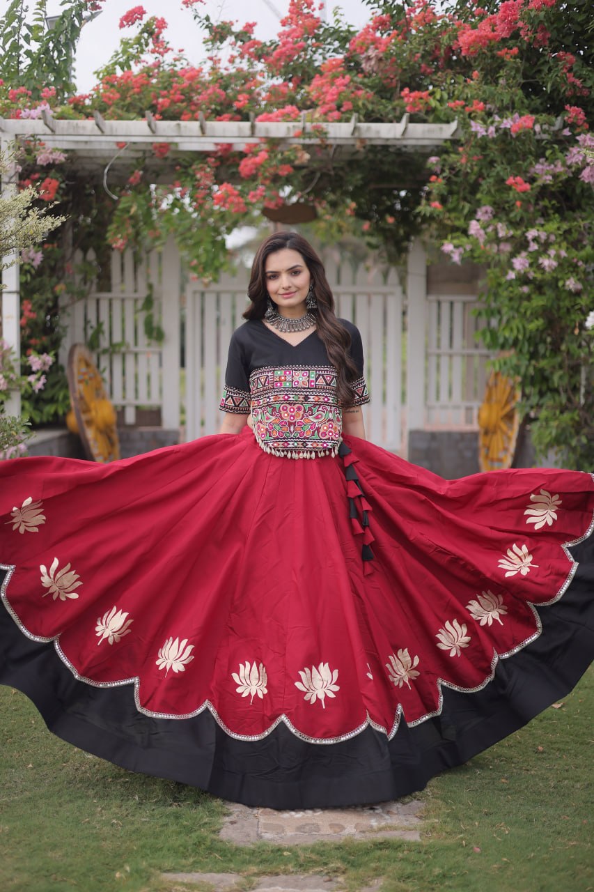 DESIGNER RED & BLACK LOTUS BLOOM NAVRATRI LEHENGA CHOLI