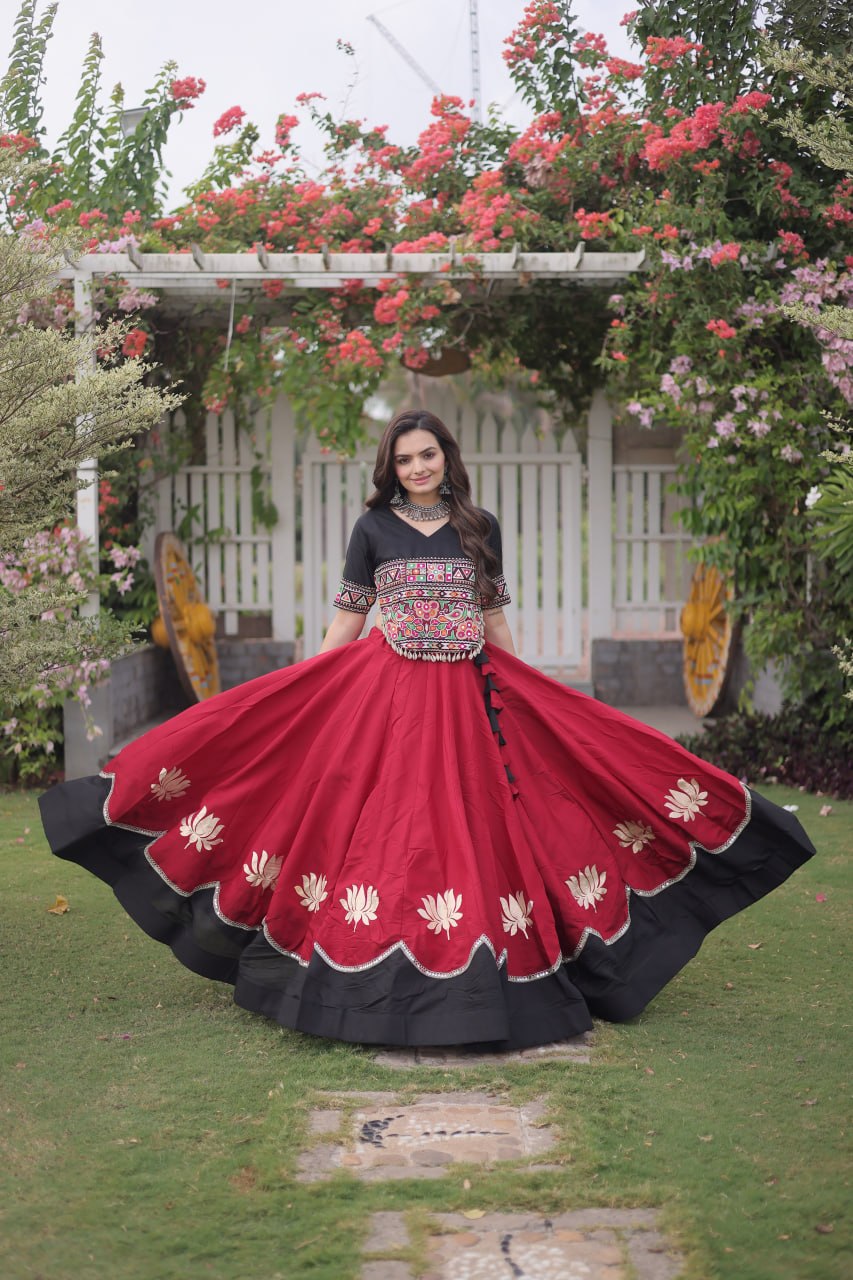 DESIGNER RED & BLACK LOTUS BLOOM NAVRATRI LEHENGA CHOLI