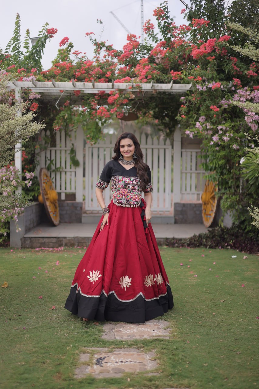 DESIGNER RED & BLACK LOTUS BLOOM NAVRATRI LEHENGA CHOLI