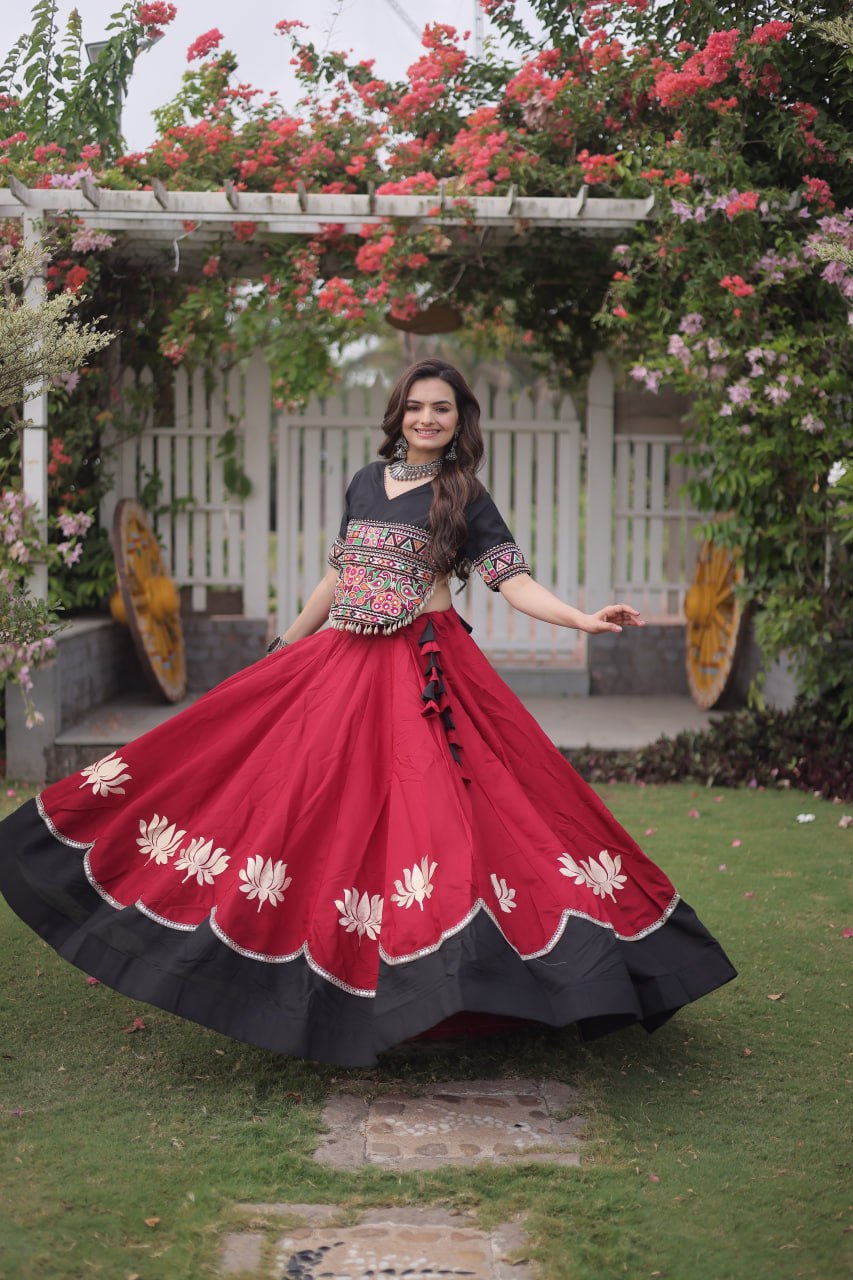 DESIGNER RED & BLACK LOTUS BLOOM NAVRATRI LEHENGA CHOLI