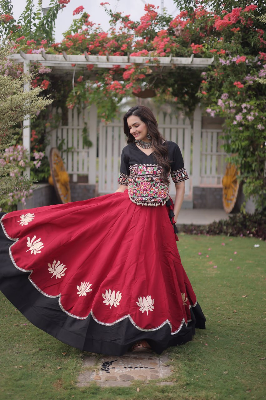 DESIGNER RED & BLACK LOTUS BLOOM NAVRATRI LEHENGA CHOLI