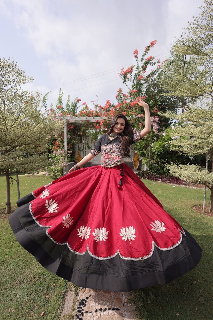 DESIGNER RED & BLACK LOTUS BLOOM NAVRATRI LEHENGA CHOLI