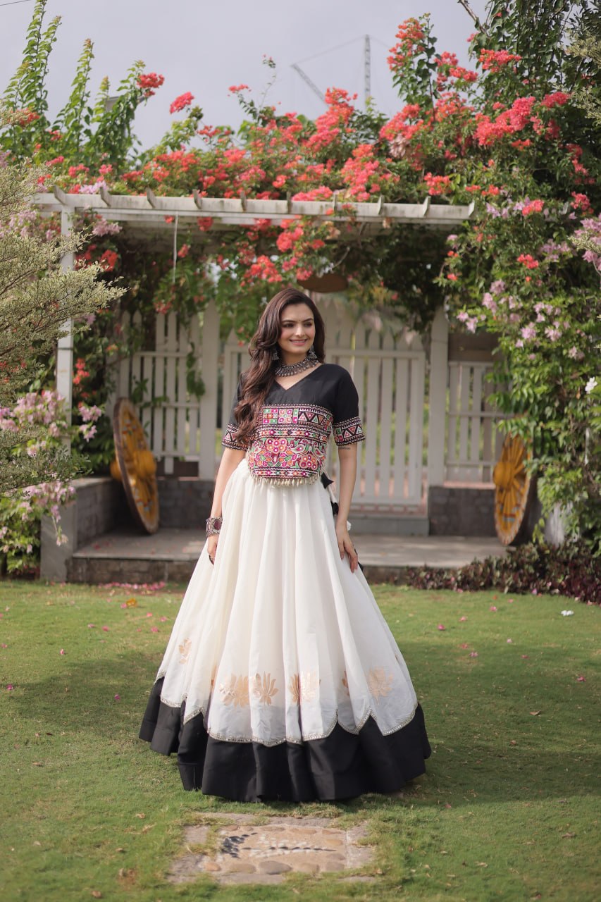 DESIGNER WHITE & BLACK LOTUS BLOOM NAVRATRI LEHENGA CHOLI