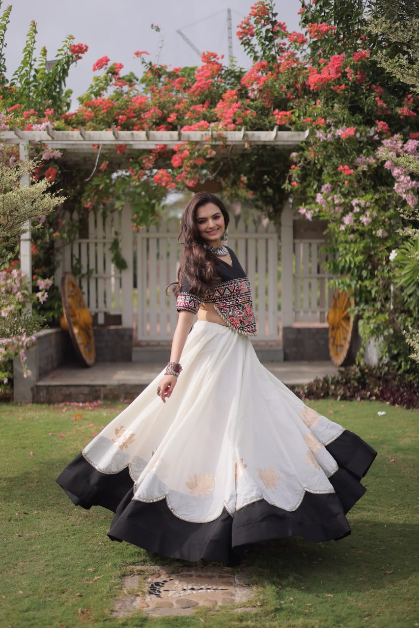 DESIGNER WHITE & BLACK LOTUS BLOOM NAVRATRI LEHENGA CHOLI