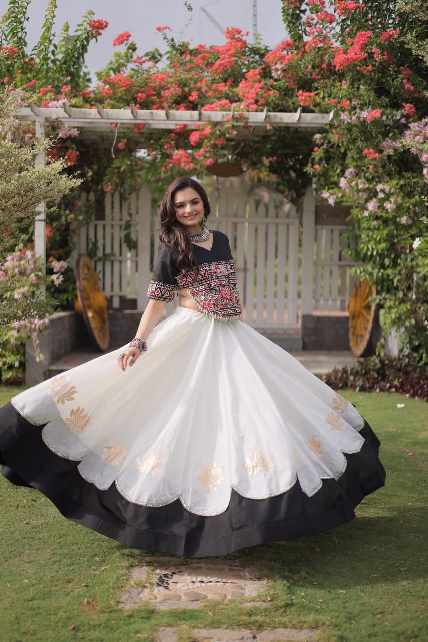 DESIGNER WHITE & BLACK LOTUS BLOOM NAVRATRI LEHENGA CHOLI