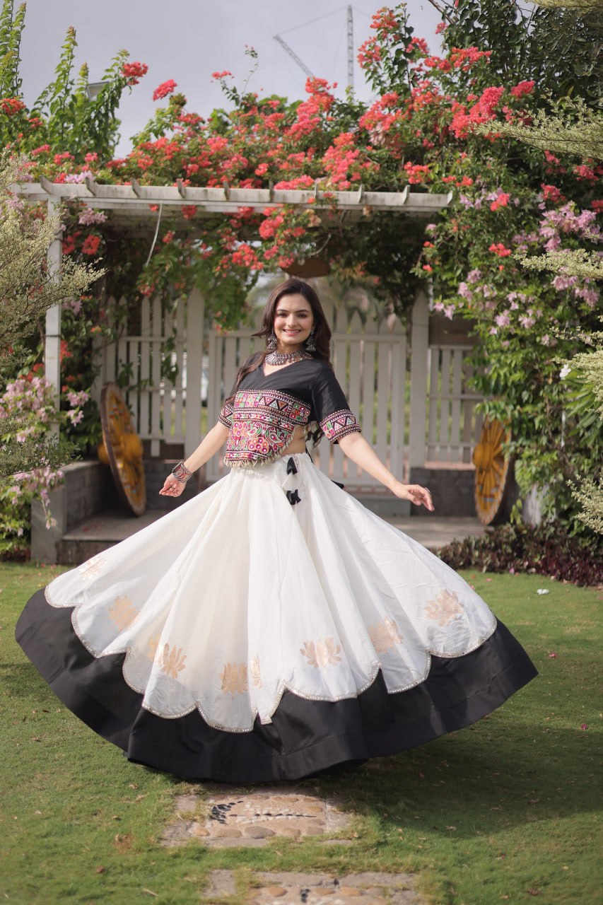 DESIGNER WHITE & BLACK LOTUS BLOOM NAVRATRI LEHENGA CHOLI