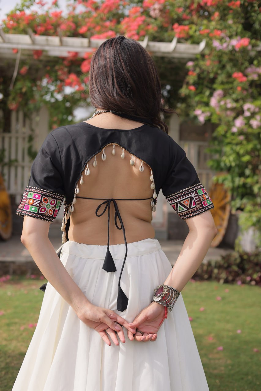 DESIGNER WHITE & BLACK LOTUS BLOOM NAVRATRI LEHENGA CHOLI