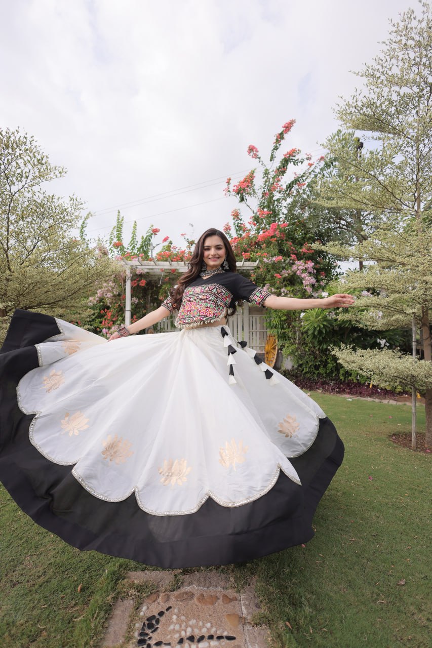 DESIGNER WHITE & BLACK LOTUS BLOOM NAVRATRI LEHENGA CHOLI