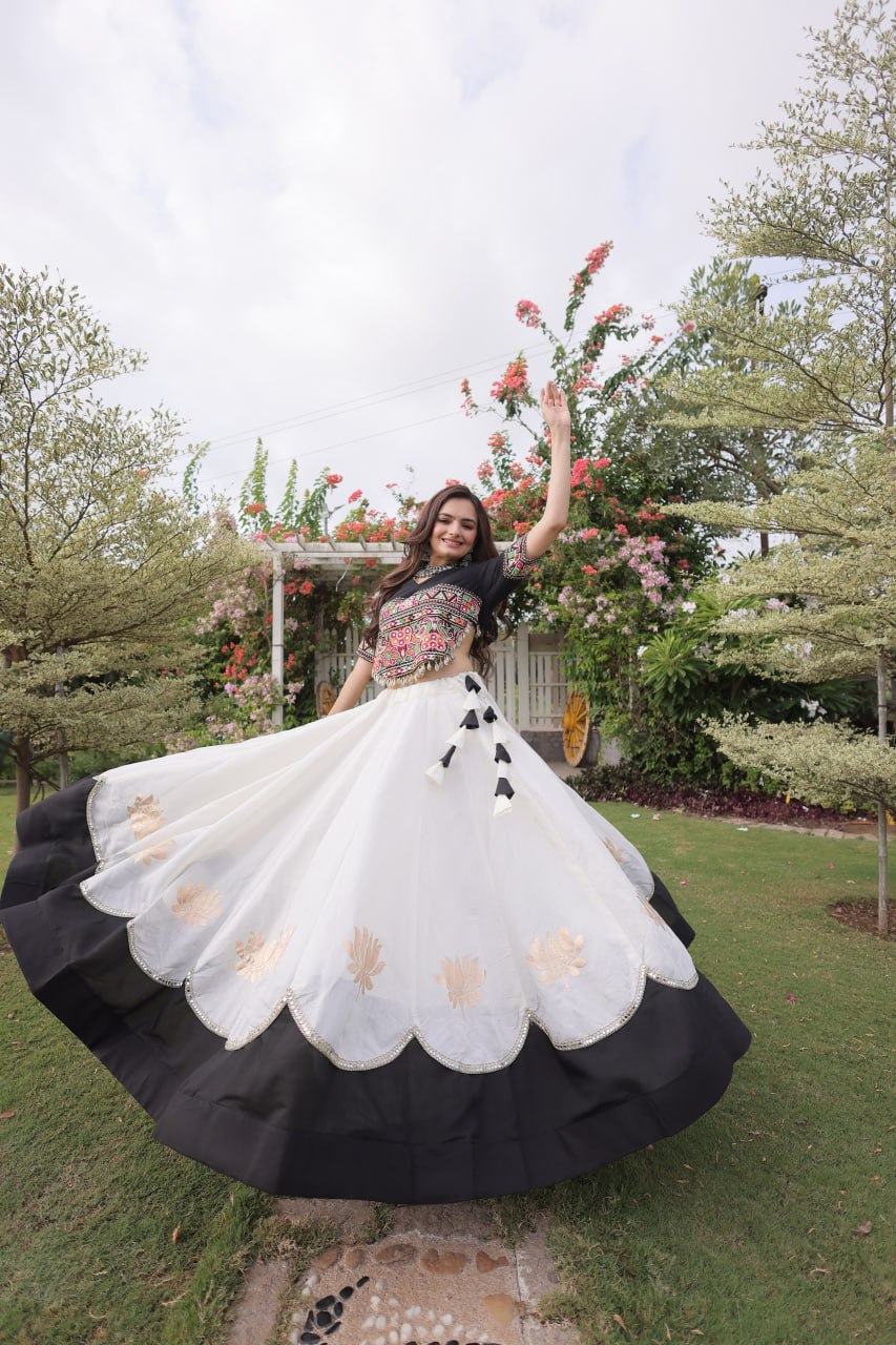 DESIGNER WHITE & BLACK LOTUS BLOOM NAVRATRI LEHENGA CHOLI