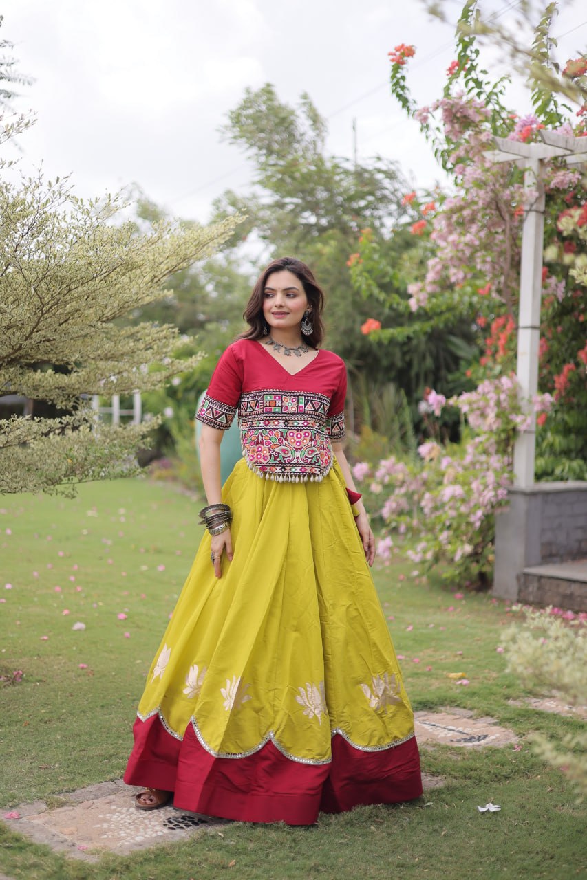 DESIGNER LIME & MAROON LOTUS BLOOM NAVRATRI LEHENGA CHOLI