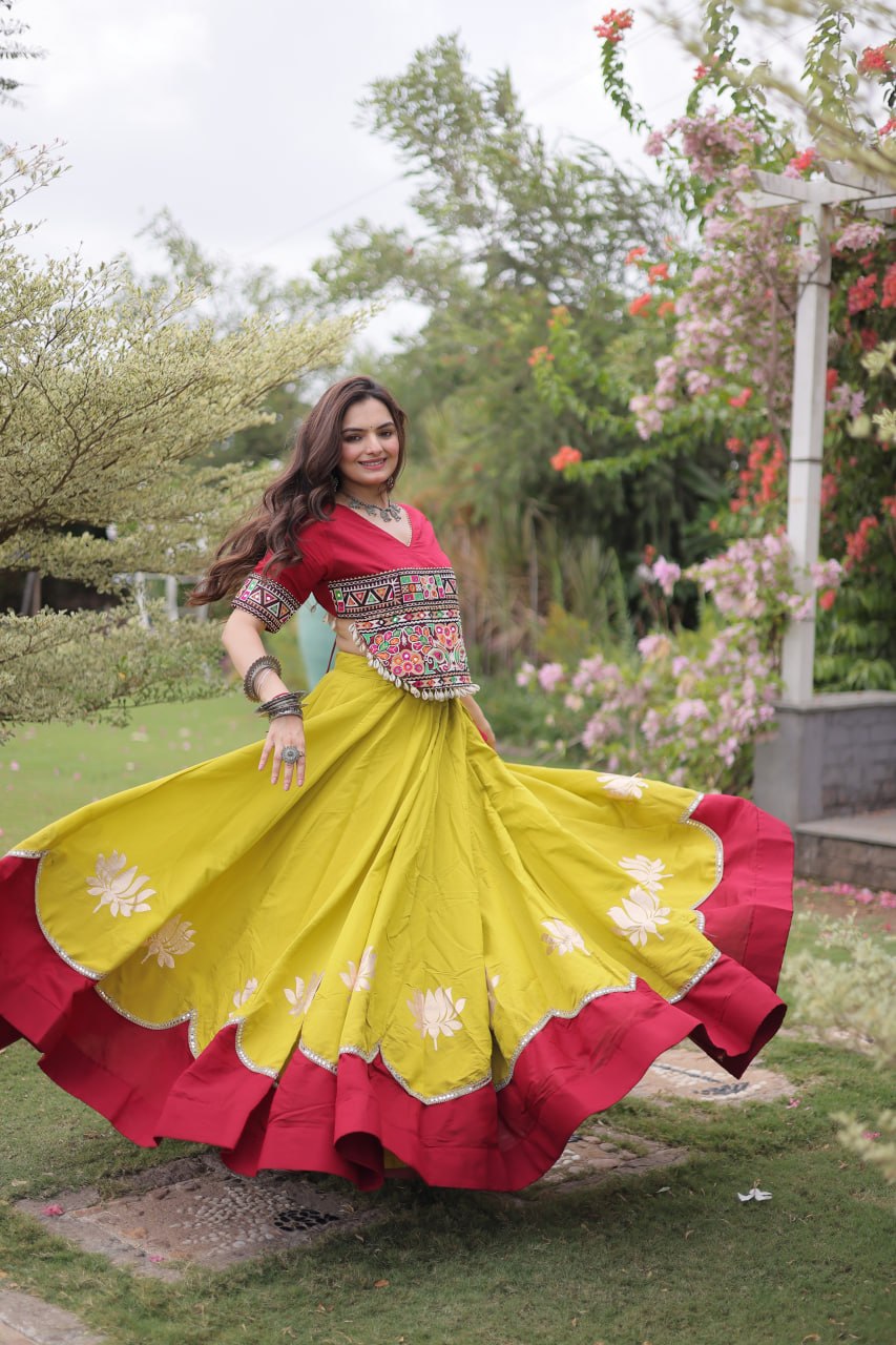 DESIGNER LIME & MAROON LOTUS BLOOM NAVRATRI LEHENGA CHOLI