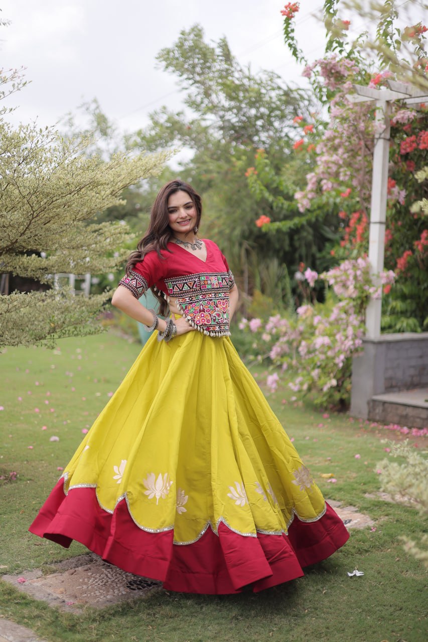 DESIGNER LIME & MAROON LOTUS BLOOM NAVRATRI LEHENGA CHOLI