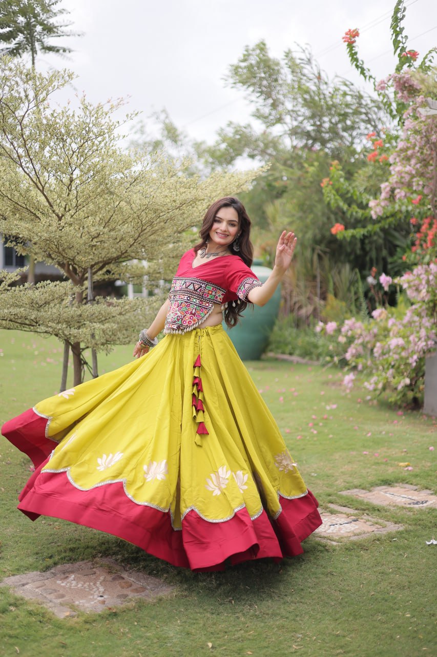 DESIGNER LIME & MAROON LOTUS BLOOM NAVRATRI LEHENGA CHOLI