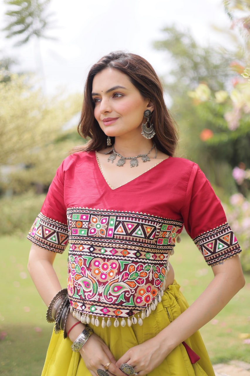 DESIGNER LIME & MAROON LOTUS BLOOM NAVRATRI LEHENGA CHOLI