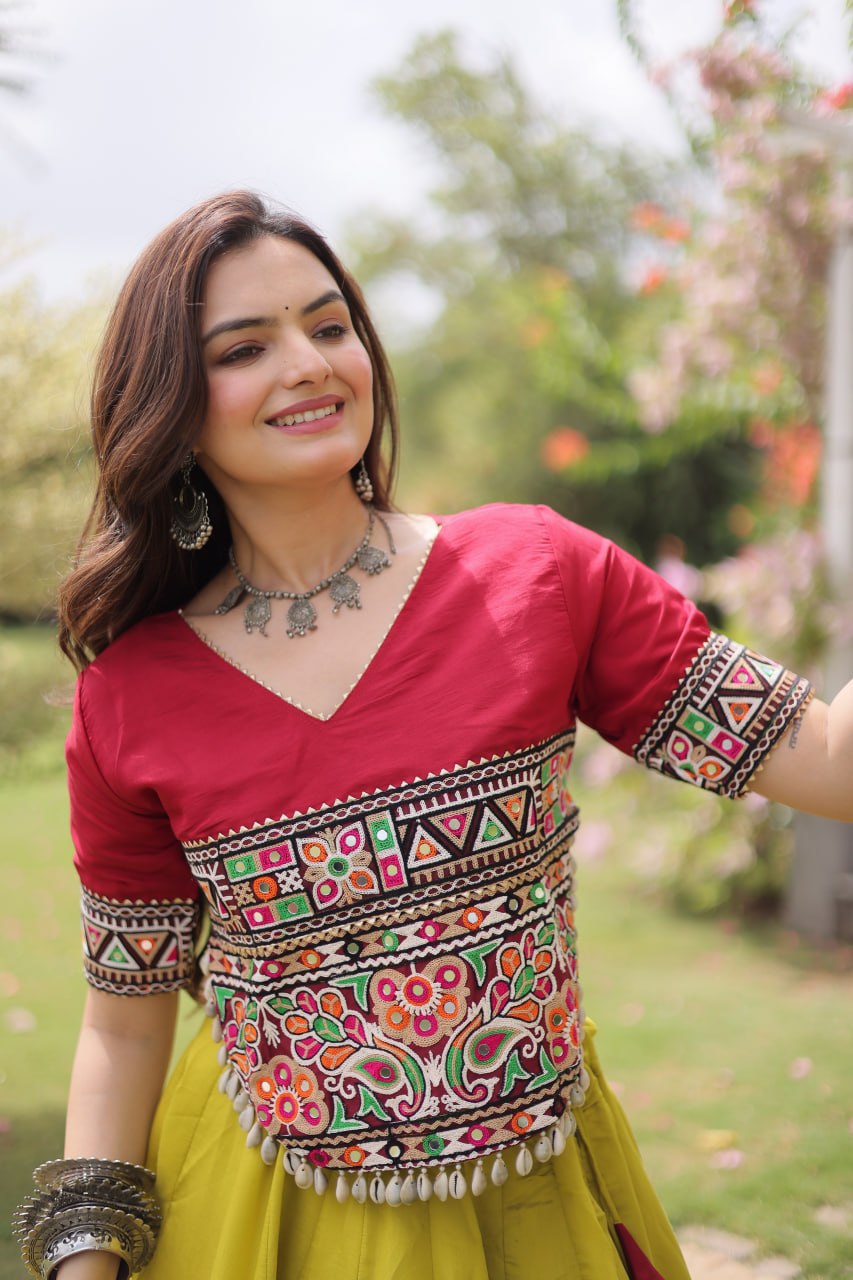 DESIGNER LIME & MAROON LOTUS BLOOM NAVRATRI LEHENGA CHOLI