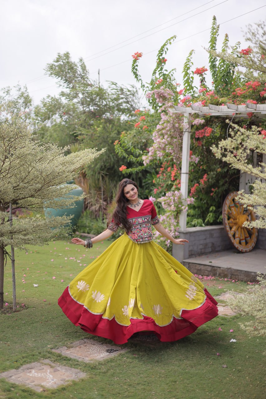 DESIGNER LIME & MAROON LOTUS BLOOM NAVRATRI LEHENGA CHOLI