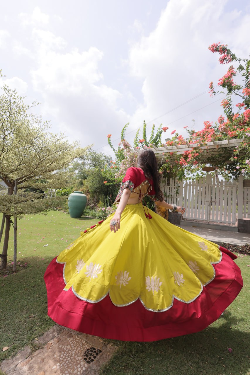 DESIGNER LIME & MAROON LOTUS BLOOM NAVRATRI LEHENGA CHOLI