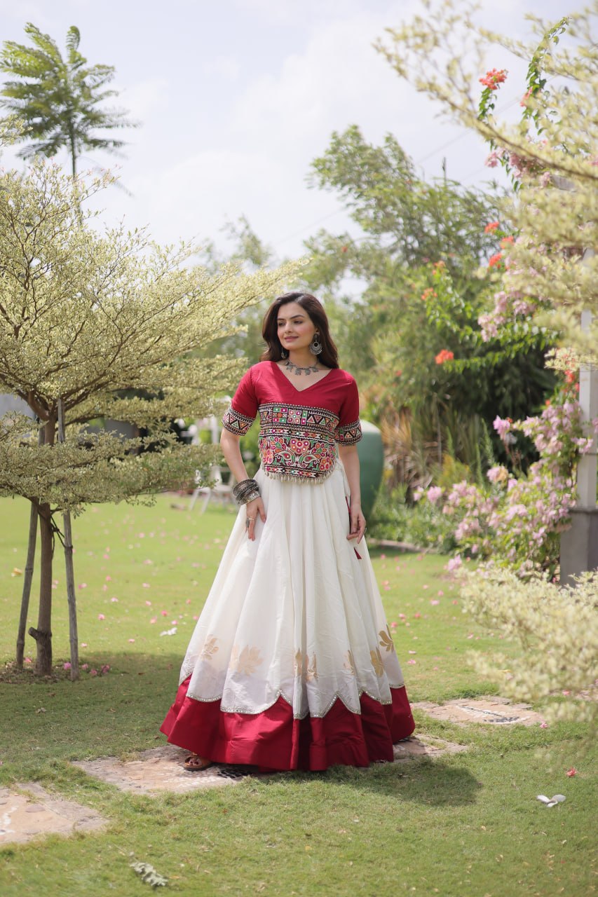 DESIGNER IVORY & CRIMSON RED LOTUS BLOOM NAVRATRI LEHENGA CHOLI