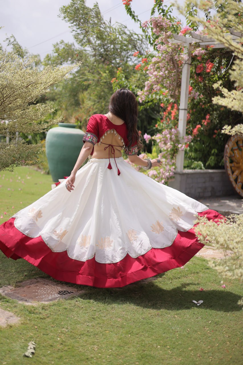 DESIGNER IVORY & CRIMSON RED LOTUS BLOOM NAVRATRI LEHENGA CHOLI