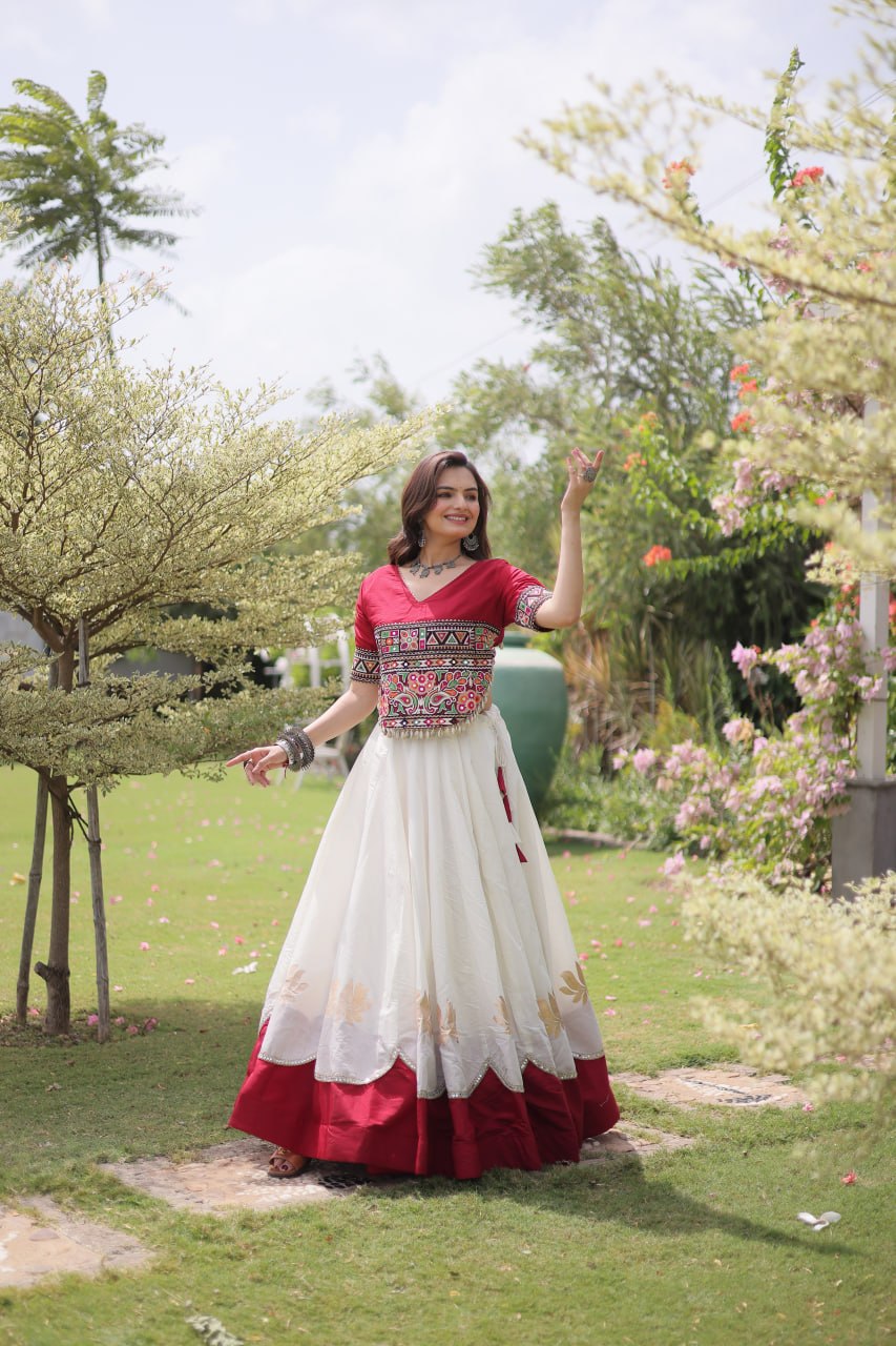 DESIGNER IVORY & CRIMSON RED LOTUS BLOOM NAVRATRI LEHENGA CHOLI