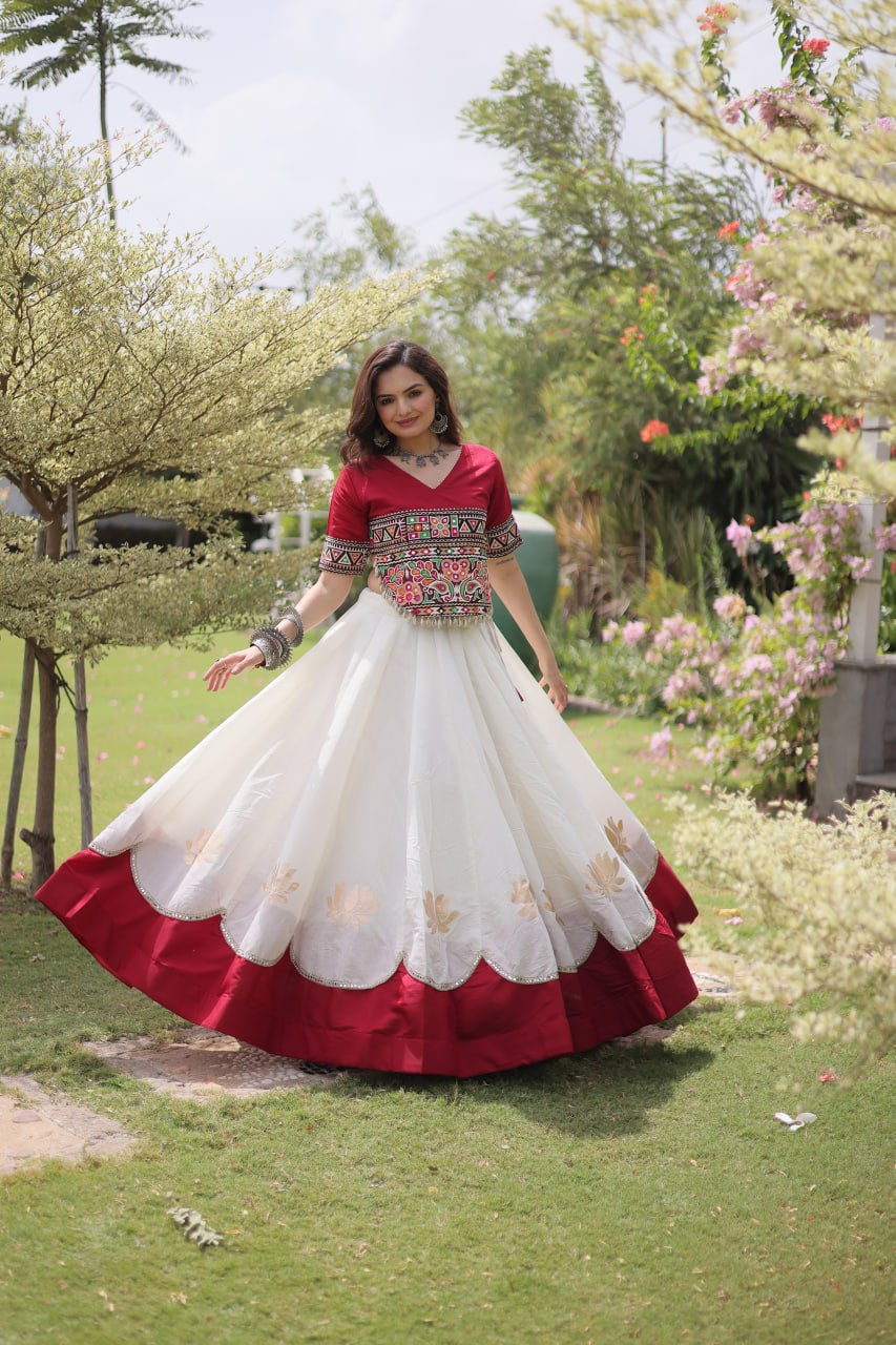 DESIGNER IVORY & CRIMSON RED LOTUS BLOOM NAVRATRI LEHENGA CHOLI