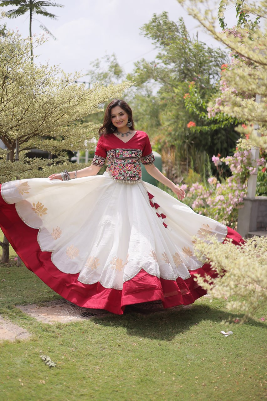 DESIGNER IVORY & CRIMSON RED LOTUS BLOOM NAVRATRI LEHENGA CHOLI