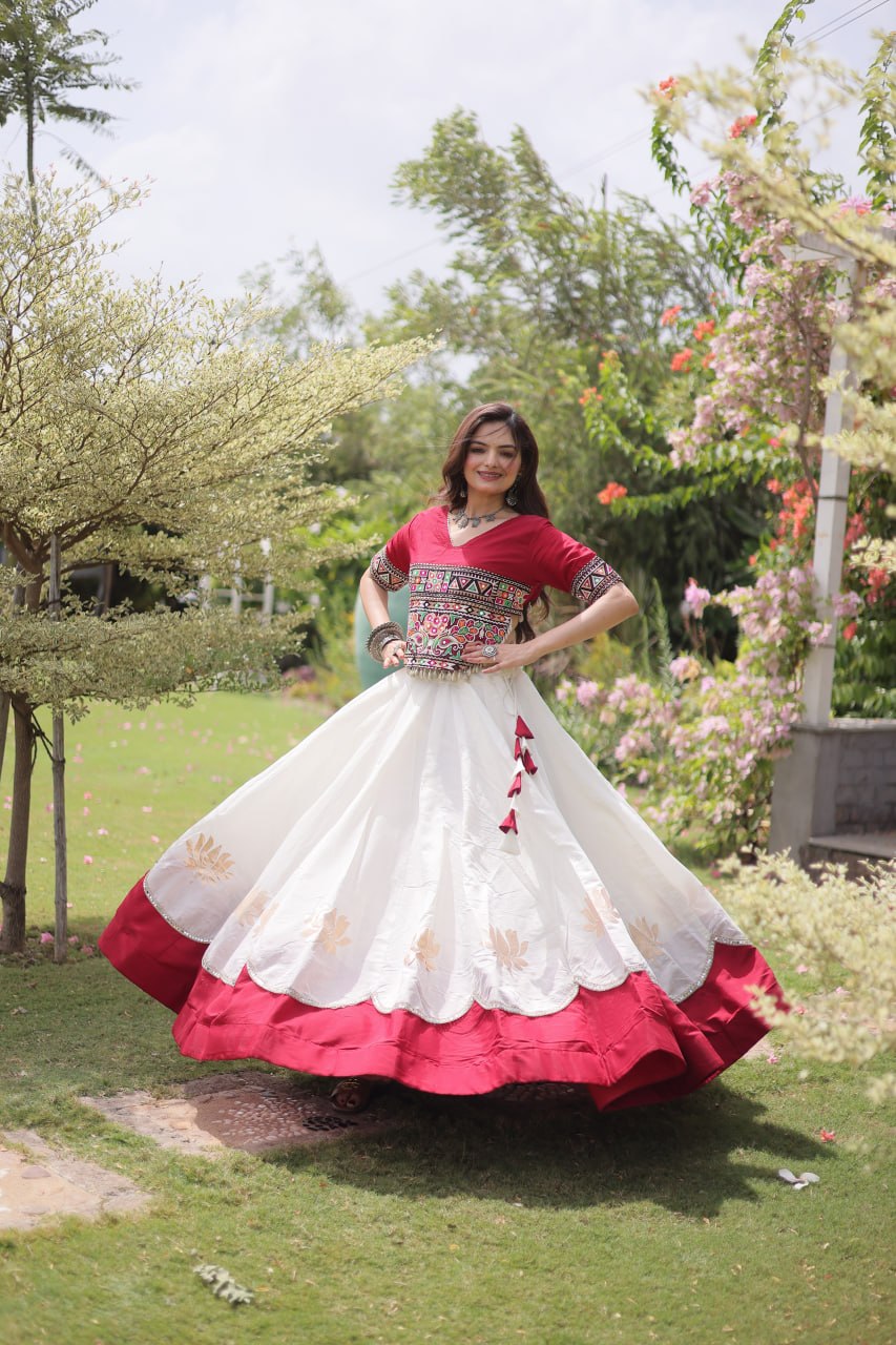 DESIGNER IVORY & CRIMSON RED LOTUS BLOOM NAVRATRI LEHENGA CHOLI