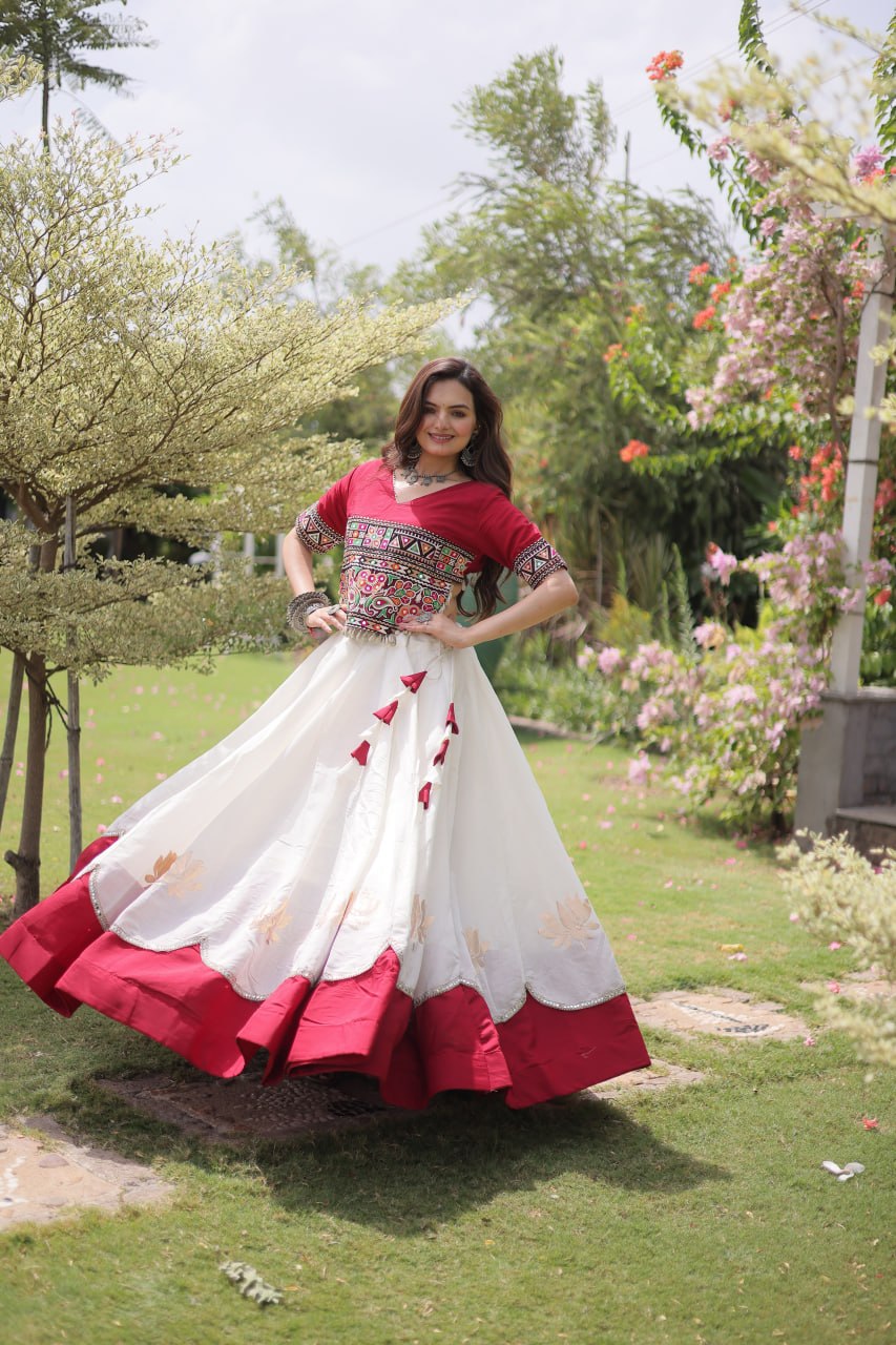 DESIGNER IVORY & CRIMSON RED LOTUS BLOOM NAVRATRI LEHENGA CHOLI