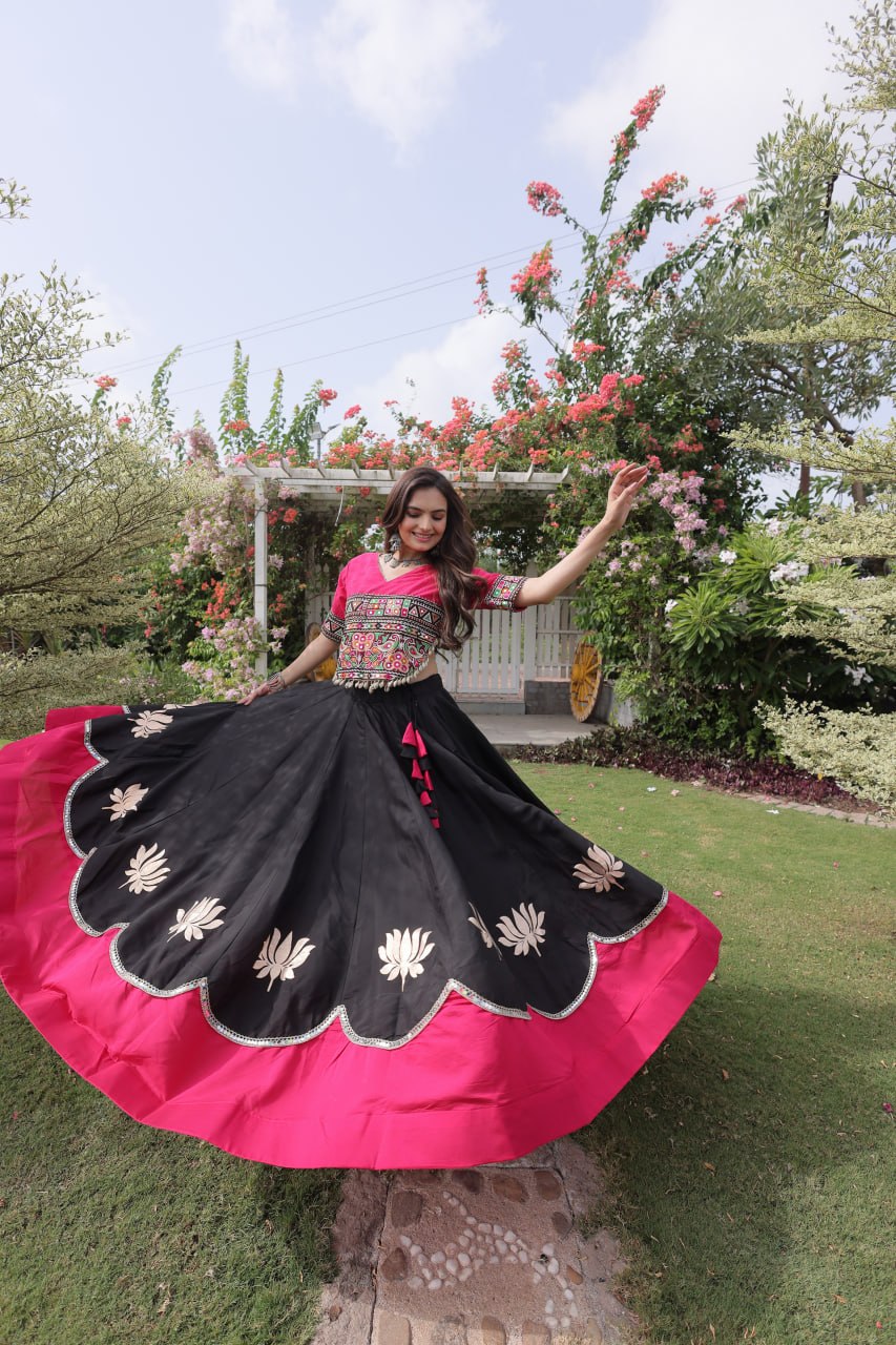 DESIGNER BLACK & PINK LOTUS BLOOM NAVRATRI LEHENGA CHOLI