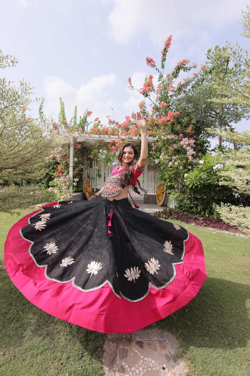 DESIGNER BLACK & PINK LOTUS BLOOM NAVRATRI LEHENGA CHOLI
