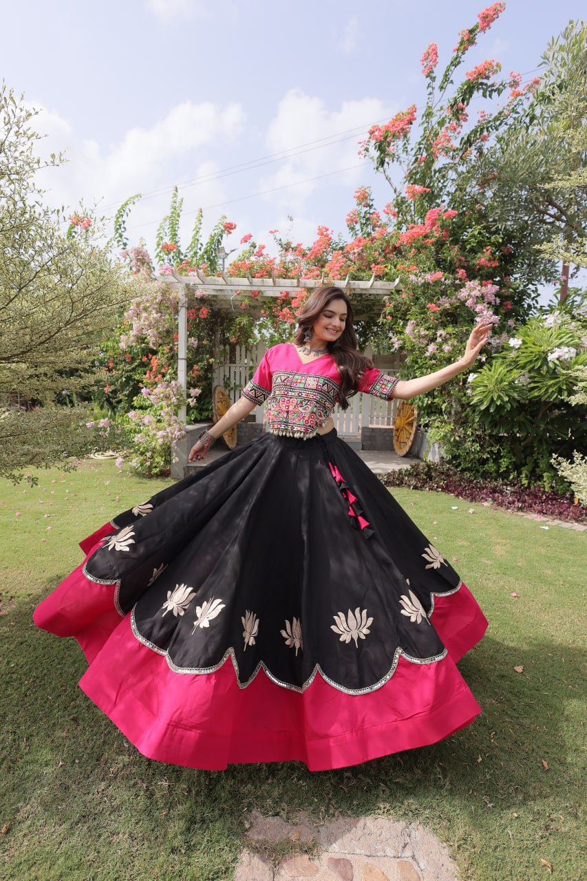 DESIGNER BLACK & PINK LOTUS BLOOM NAVRATRI LEHENGA CHOLI