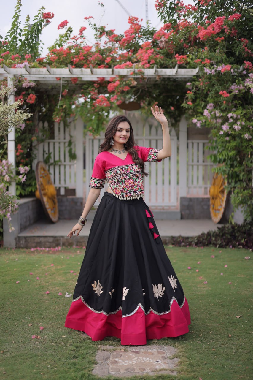 DESIGNER BLACK & PINK LOTUS BLOOM NAVRATRI LEHENGA CHOLI