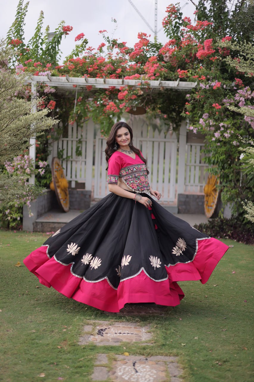 DESIGNER BLACK & PINK LOTUS BLOOM NAVRATRI LEHENGA CHOLI