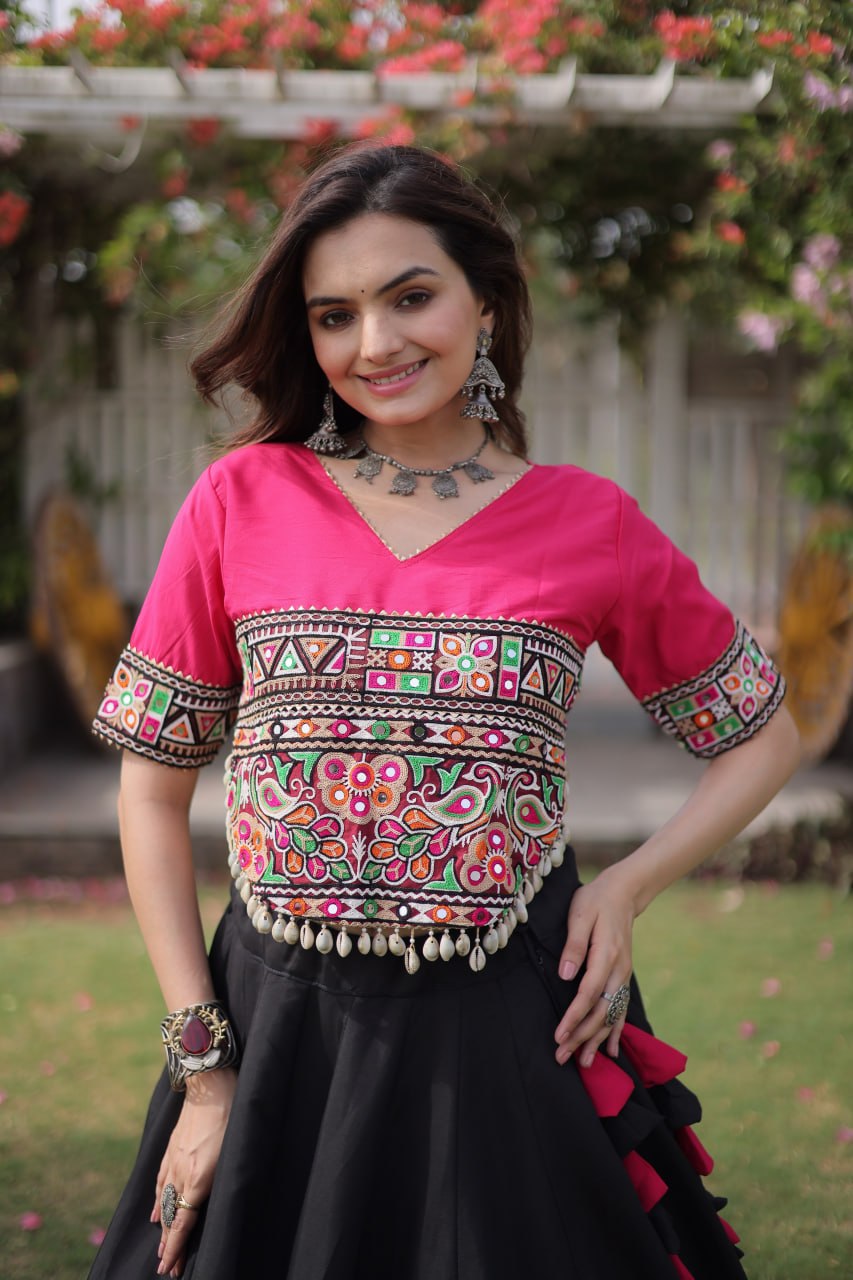 DESIGNER BLACK & PINK LOTUS BLOOM NAVRATRI LEHENGA CHOLI