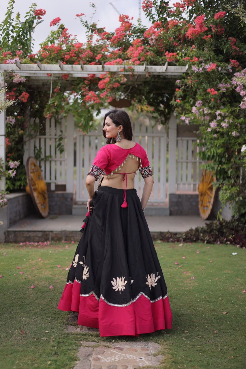 DESIGNER BLACK & PINK LOTUS BLOOM NAVRATRI LEHENGA CHOLI