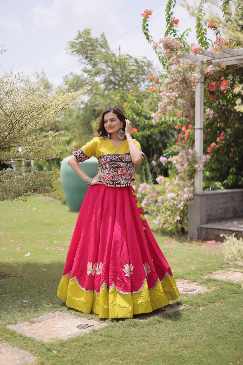 DESIGNER PINK & YELLOW LOTUS BLOOM NAVRATRI LEHENGA CHOLI