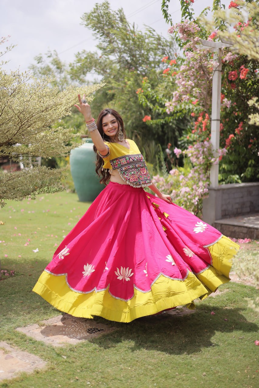DESIGNER PINK & YELLOW LOTUS BLOOM NAVRATRI LEHENGA CHOLI