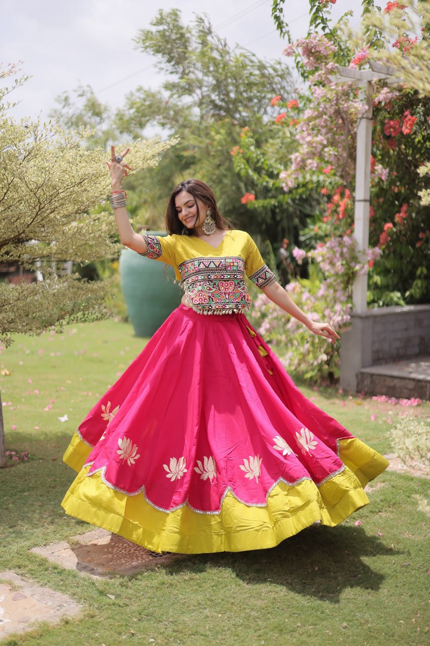 DESIGNER PINK & YELLOW LOTUS BLOOM NAVRATRI LEHENGA CHOLI