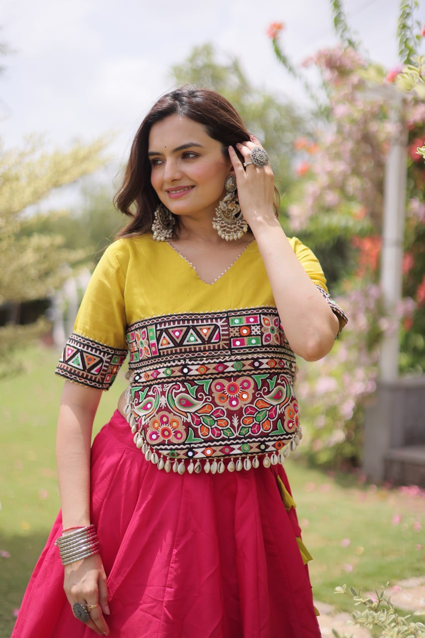 DESIGNER PINK & YELLOW LOTUS BLOOM NAVRATRI LEHENGA CHOLI