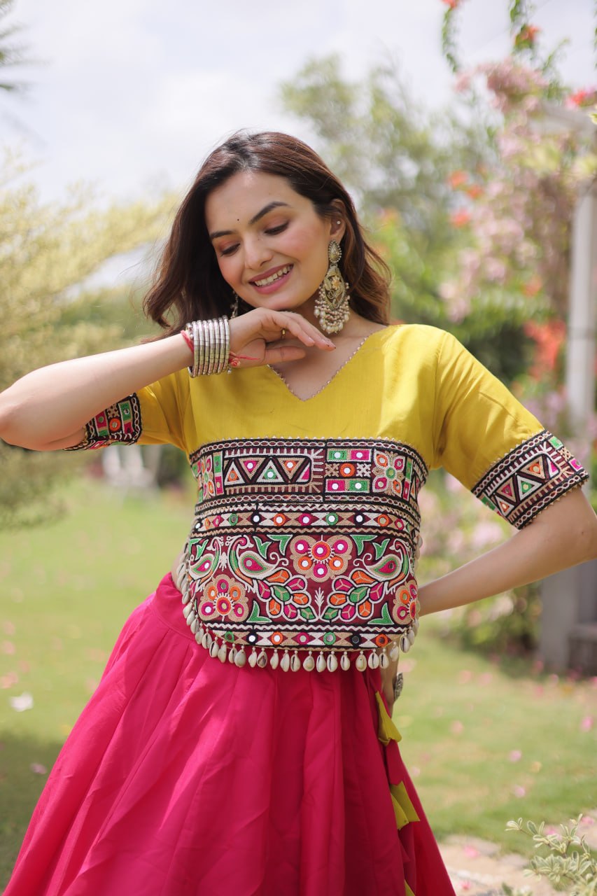 DESIGNER PINK & YELLOW LOTUS BLOOM NAVRATRI LEHENGA CHOLI