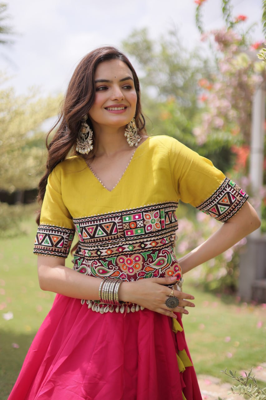 DESIGNER PINK & YELLOW LOTUS BLOOM NAVRATRI LEHENGA CHOLI