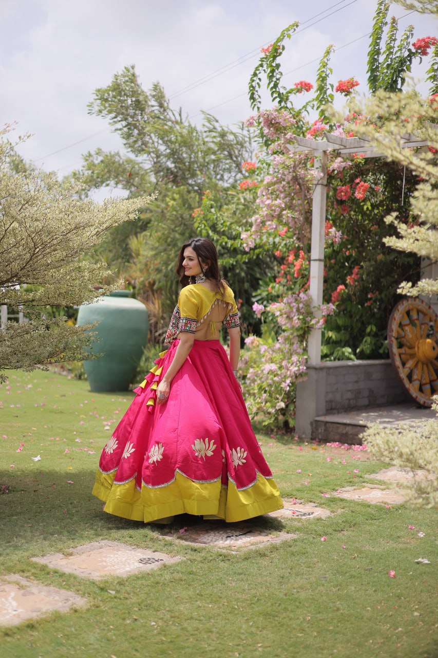 DESIGNER PINK & YELLOW LOTUS BLOOM NAVRATRI LEHENGA CHOLI