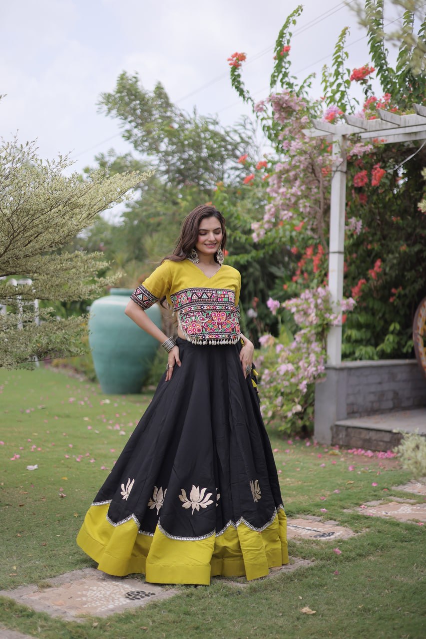 DESIGNER BLACK & YELLOW LOTUS BLOOM NAVRATRI LEHENGA CHOLI